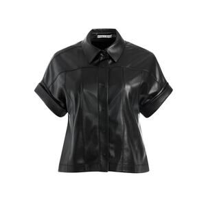 alice + olivia EDYTH VEGAN TOP Black Size S Button Up Shirt Jacket Short Sleeve
